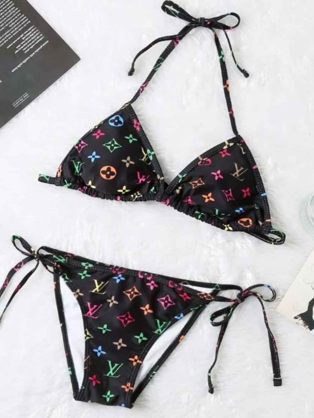 Louis Vuitton Black Multicolor Bikini Set size medium